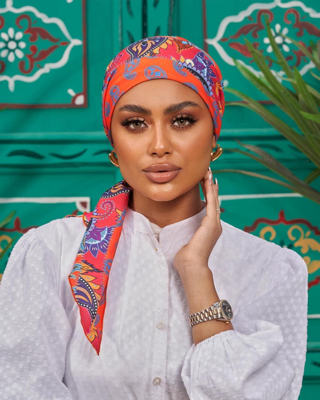 Turban with tie - Blue Orange Pink