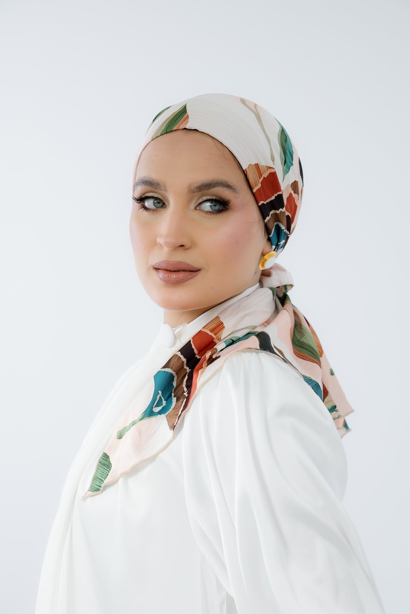 Turban with Tie Green Brown Orange Off white