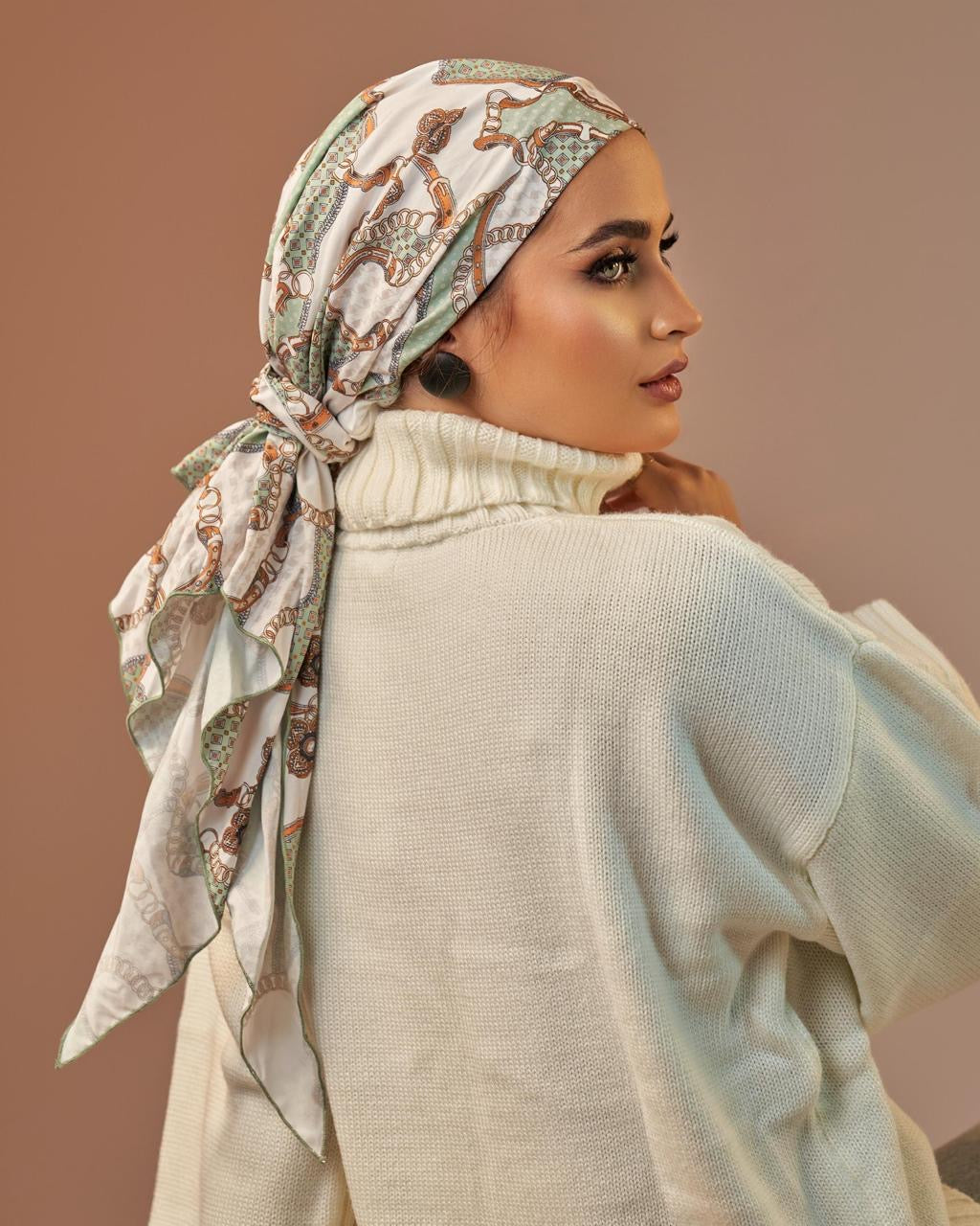 Turban with tie - Green White Brown