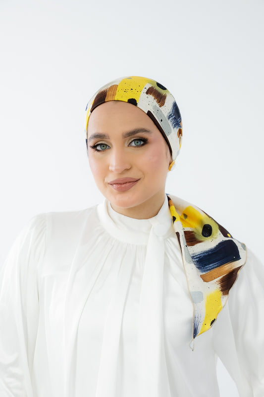 Turban with Tie Yellow Brown Navy Blue
