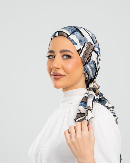 Turban with Tie Blue Beige Off white