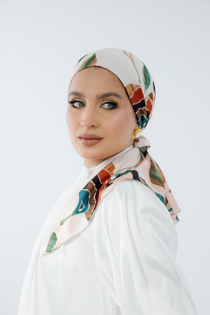 Turban with Tie Green Brown Orange Off white