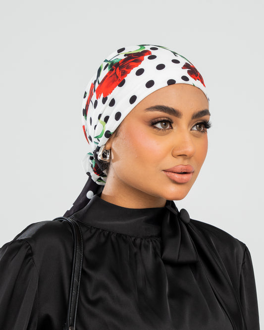 Turban with Tie White Red Black Dots