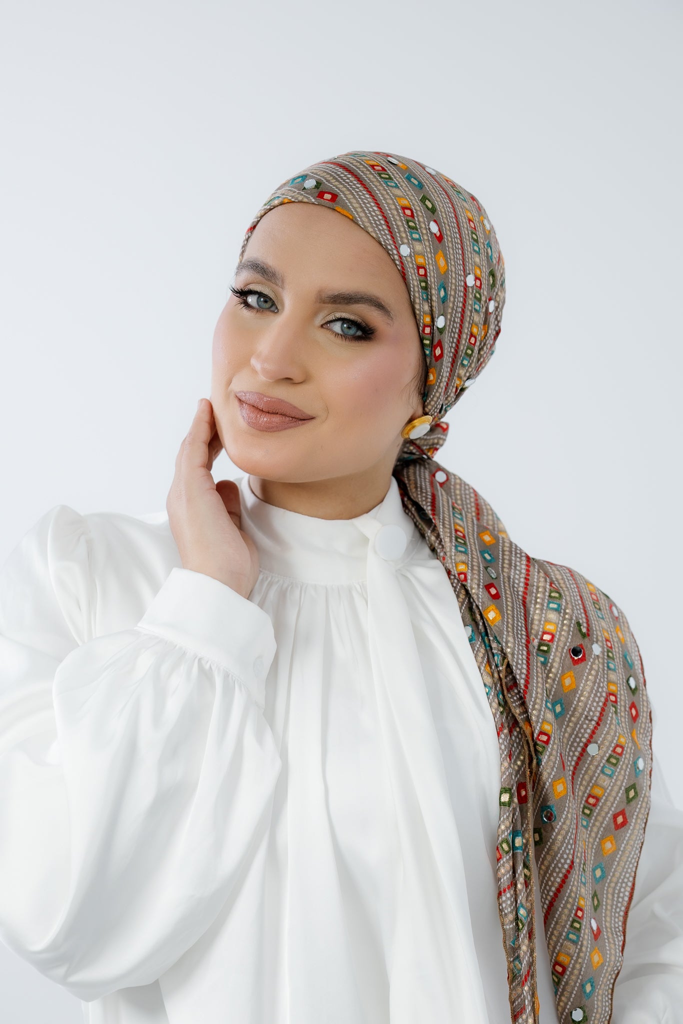 Turban with Tie Beige Blue Yellow Red Orange