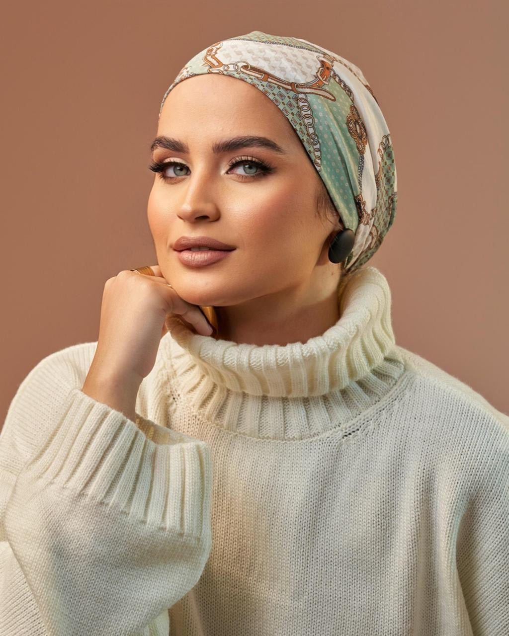 Turban with tie - Green White Brown
