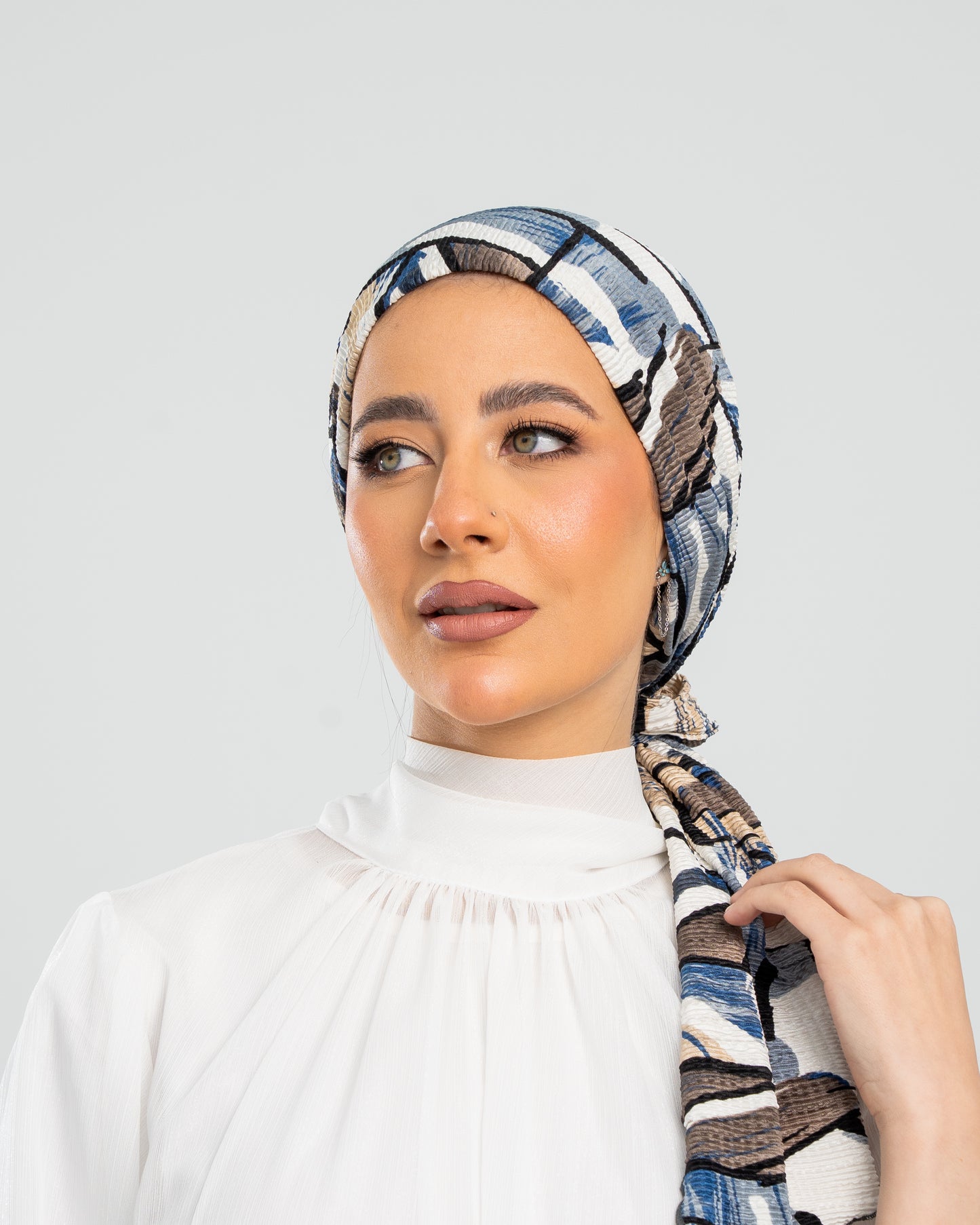 Turban with Tie Blue Beige Off white