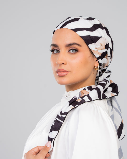 Turban with Tie Black Beige White