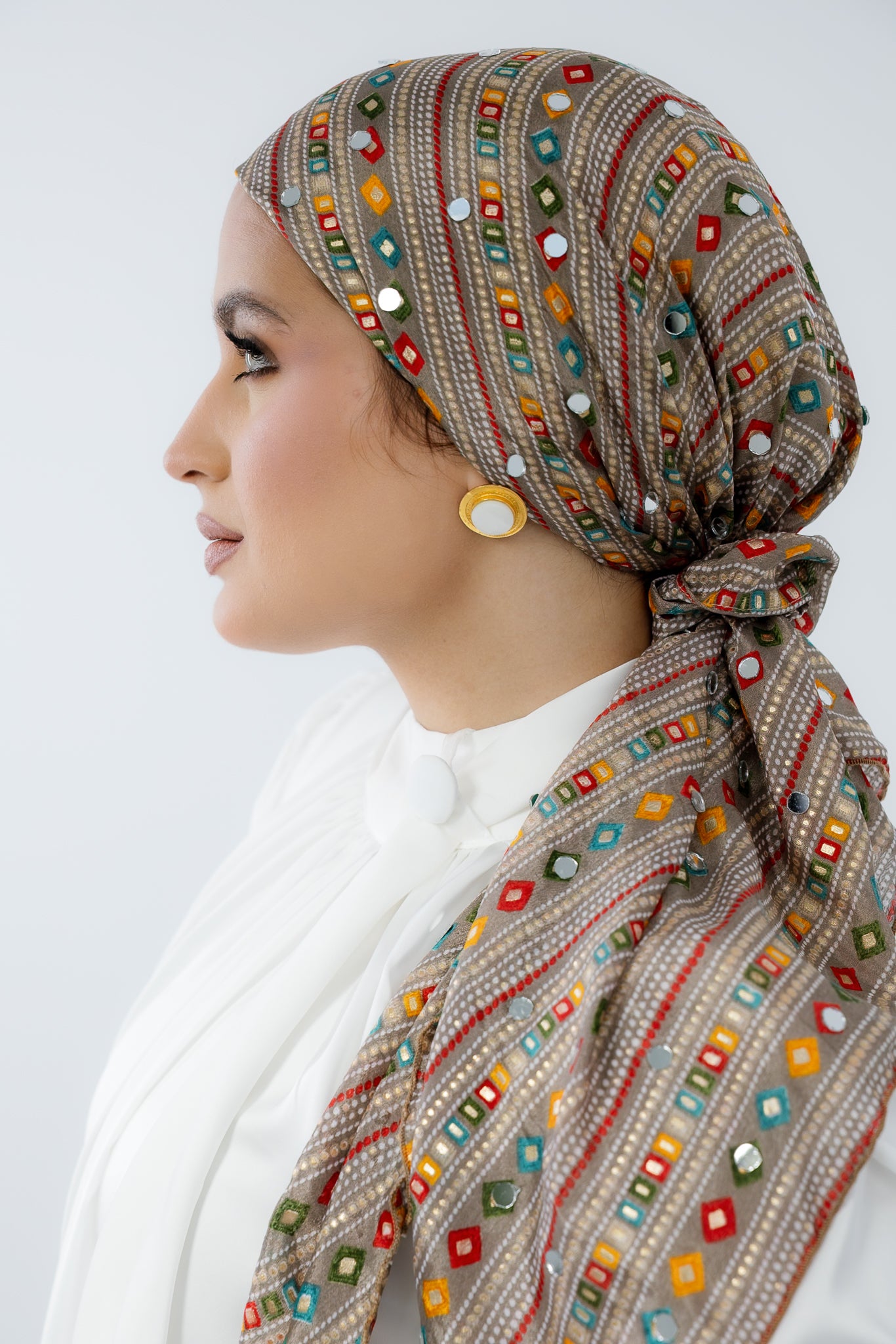Turban with Tie Beige Blue Yellow Red Orange