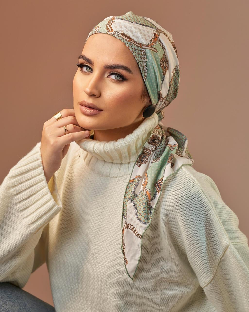 Turban with tie - Green White Brown