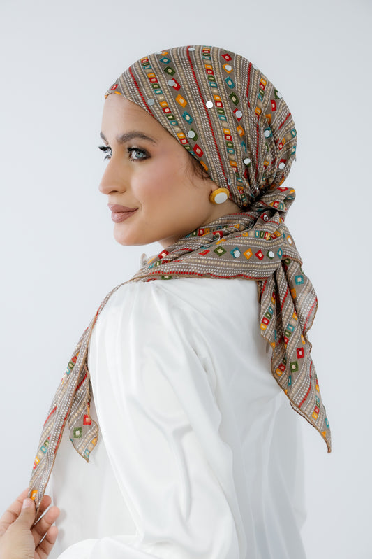 Turban with Tie Beige Blue Yellow Red Orange