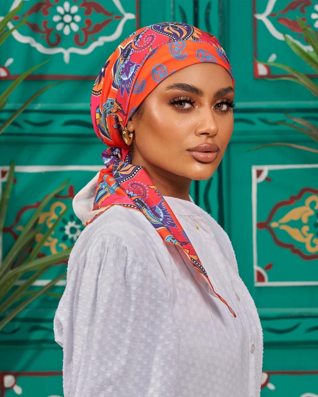 Turban with tie - Blue Orange Pink