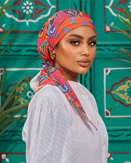 Turban with tie - Blue Orange Pink