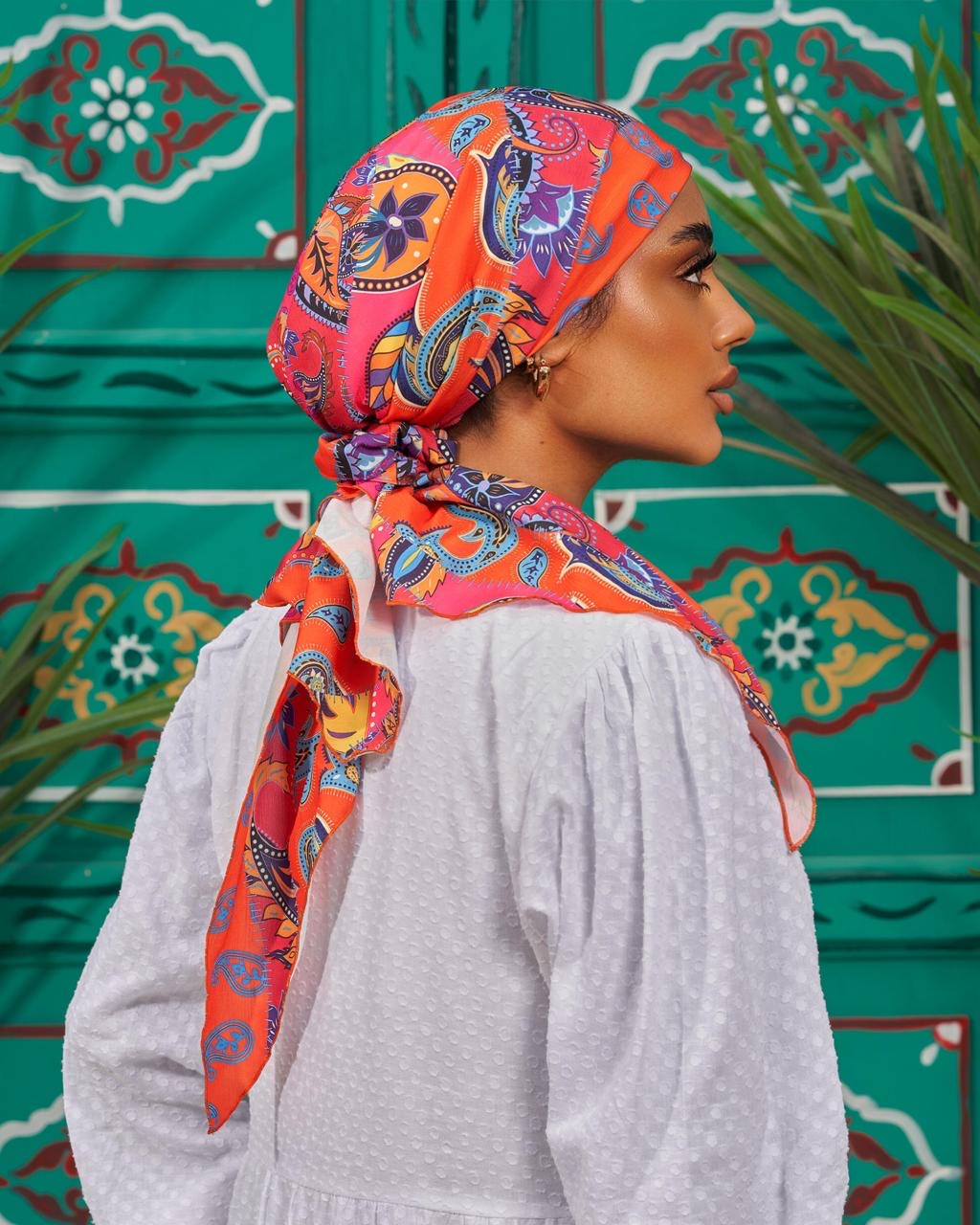 Turban with tie - Blue Orange Pink