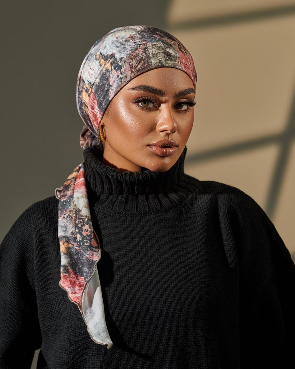 Turban with tie- Peach Brown Black White