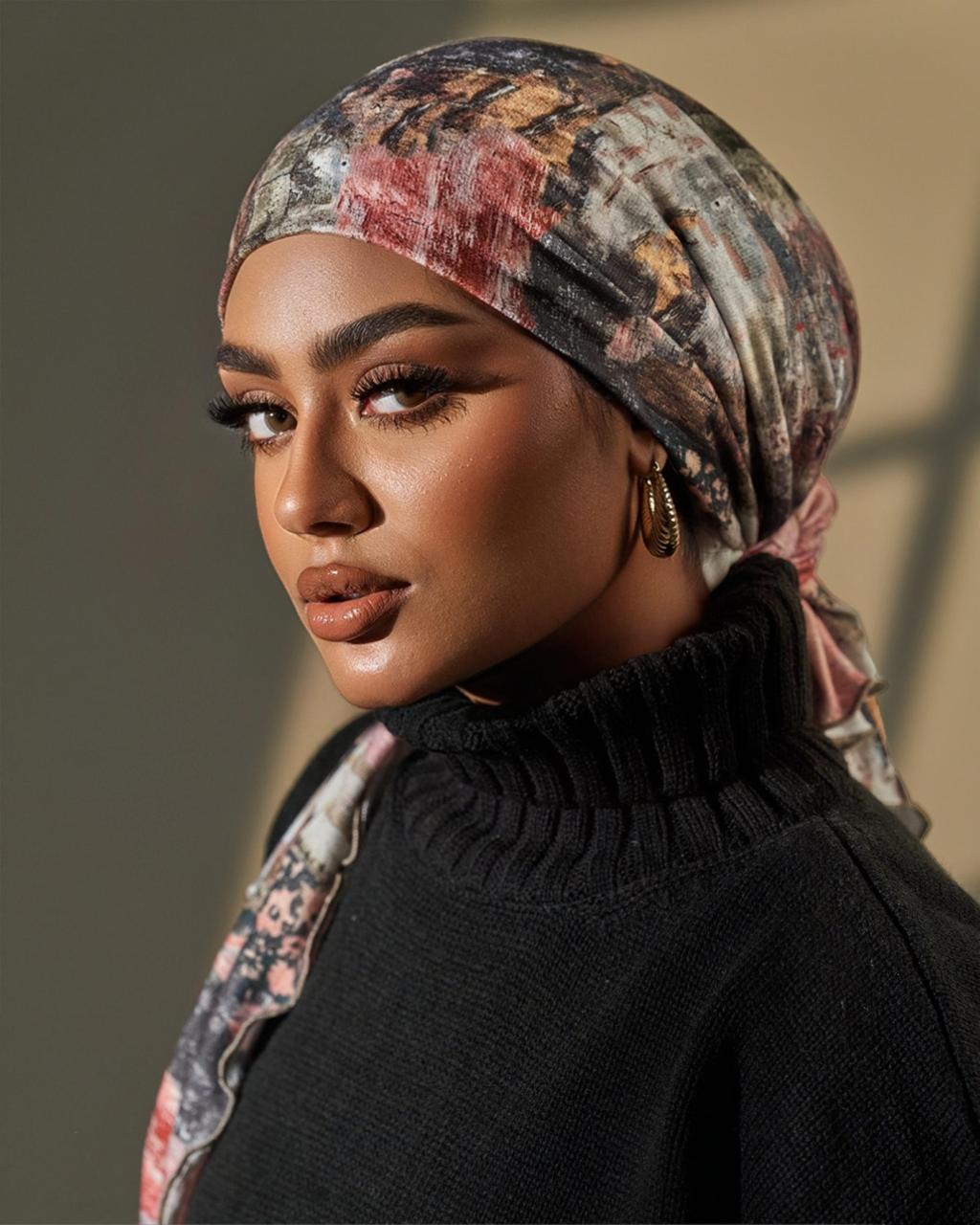 Turban with tie- Peach Brown Black White