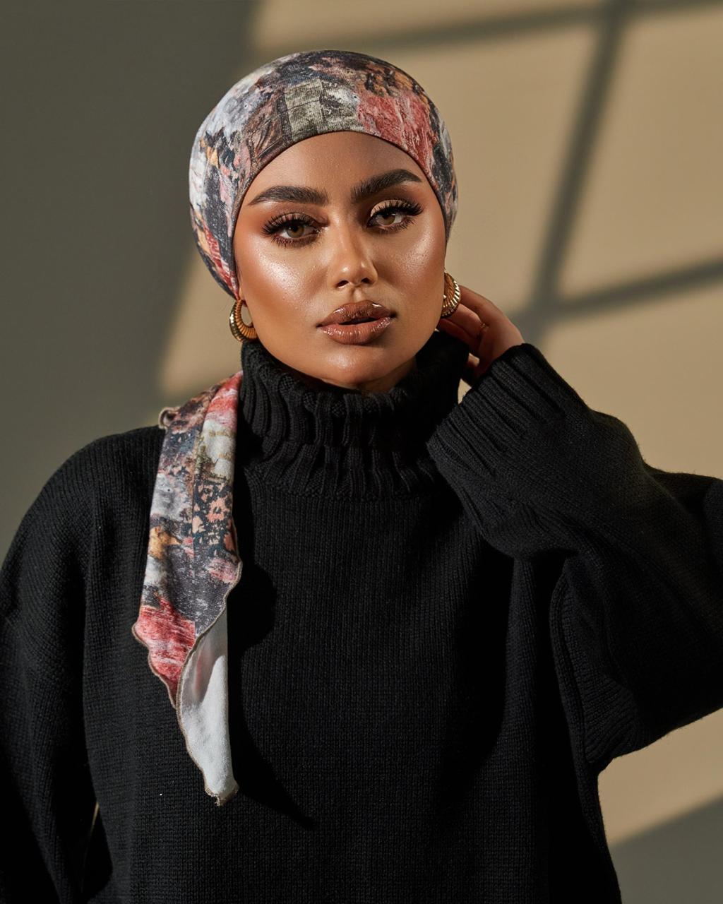 Turban with tie- Peach Brown Black White