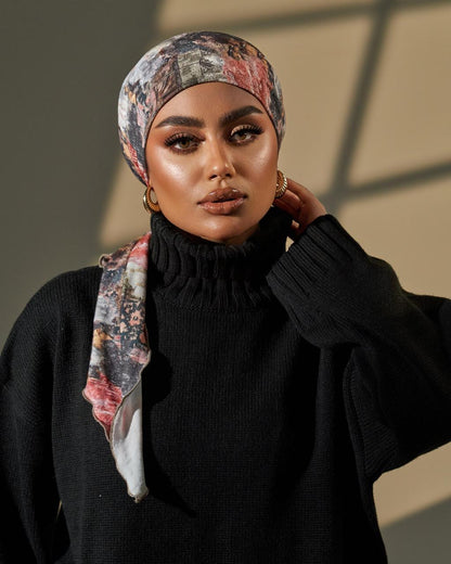 Turban with tie- Peach Brown Black White