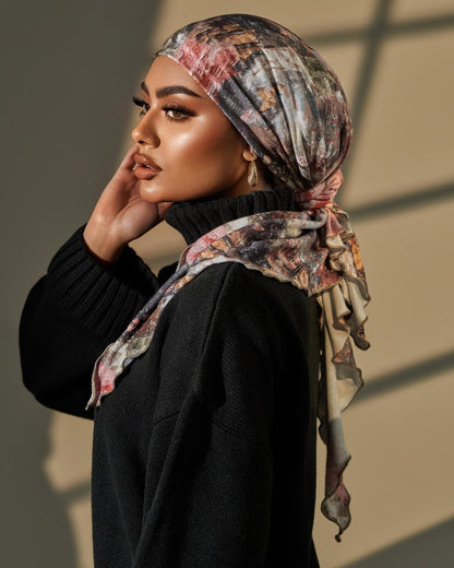 Turban with tie- Peach Brown Black White