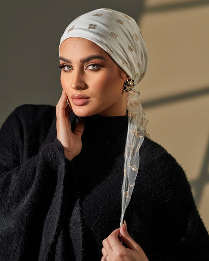 Turban with tie- White and Gold