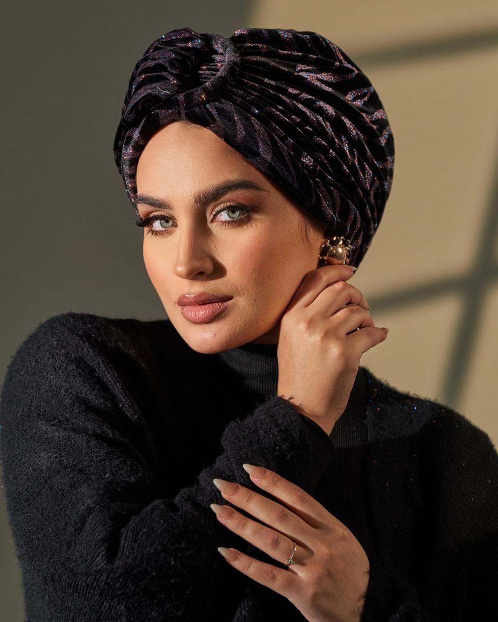 Turban Velvet - Black and Sparkling Pink