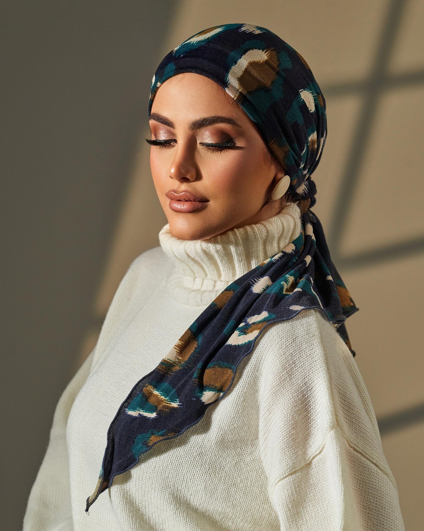 Turban with tie - Navy Blue Brown Off White