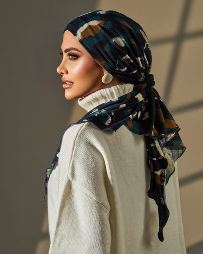 Turban with tie - Navy Blue Brown Off White