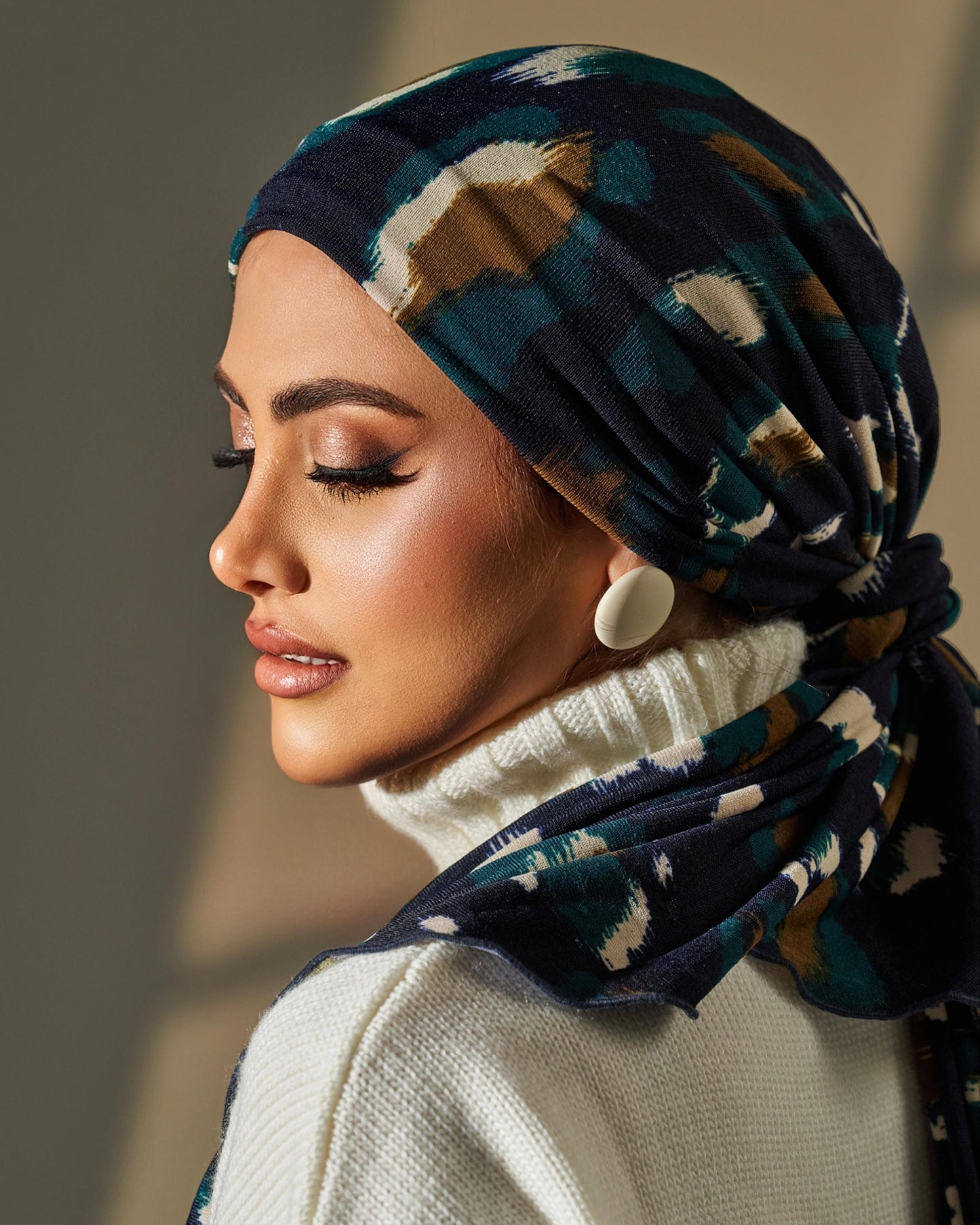 Turban with tie - Navy Blue Brown Off White