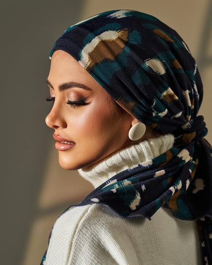 Turban with tie - Navy Blue Brown Off White
