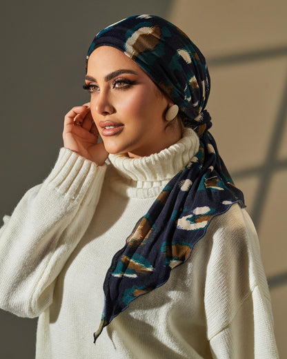 Turban with tie - Navy Blue Brown Off White