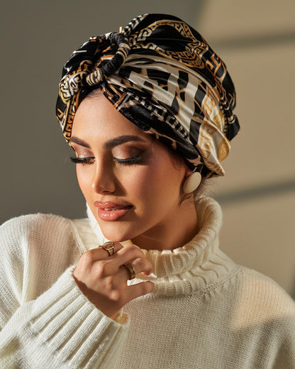 Turban Velvet- Black Gold Off White